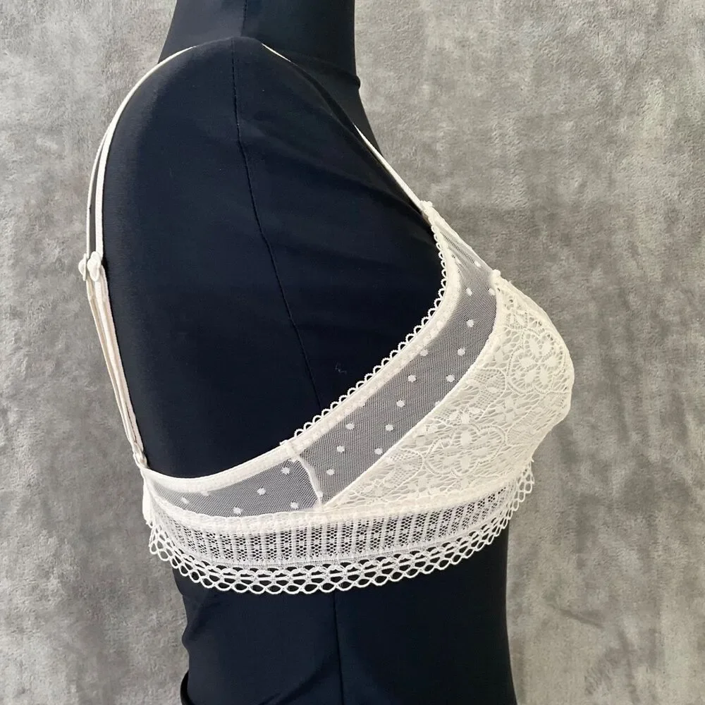 Victoria's Secret White Lace Swiss Dot Mesh Bralette Bra sz M No Wire No Padding